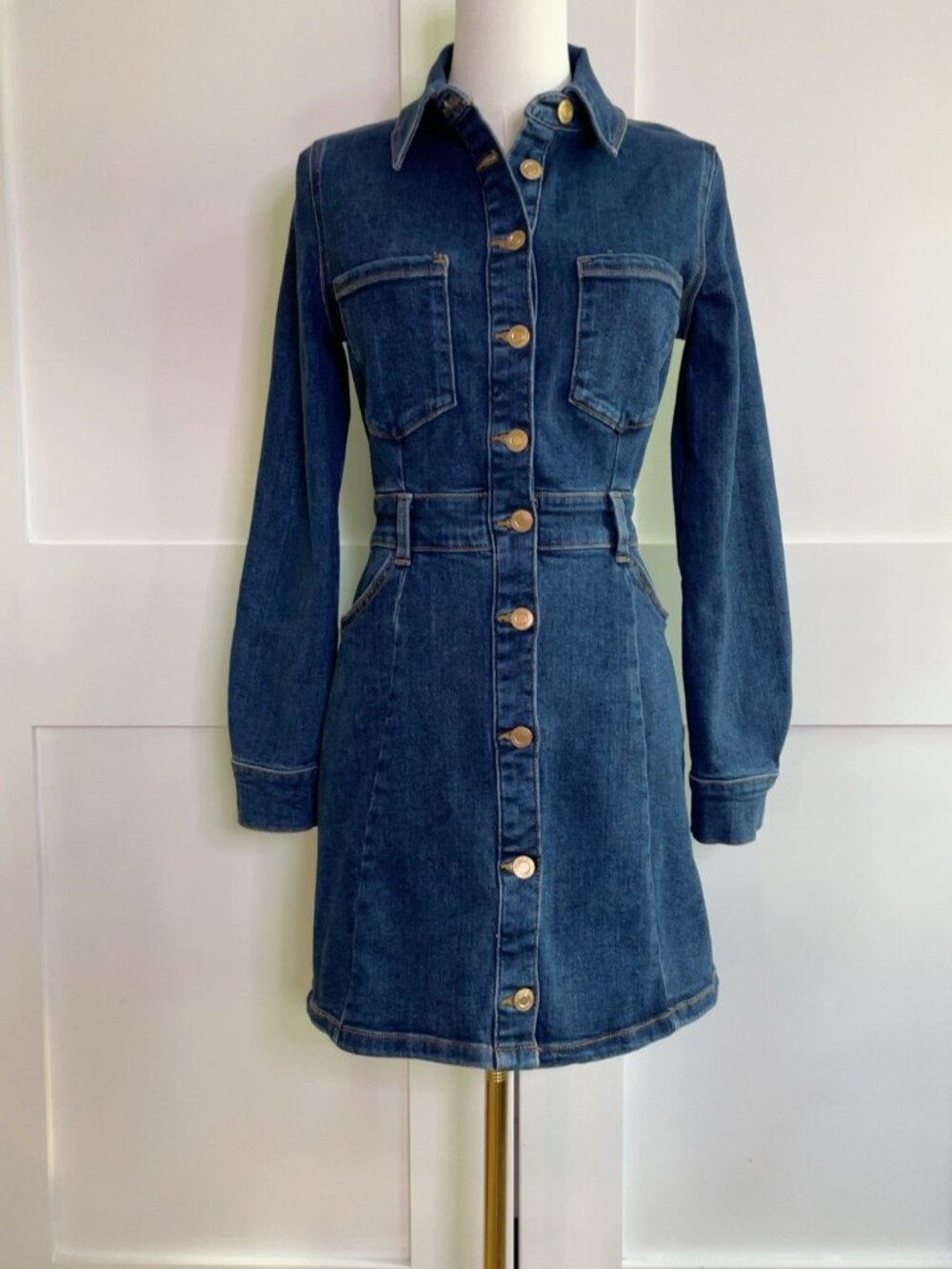 Zara Blue Denim Fitted Button Front Long Sleeve Mini Shirt Dress Size S